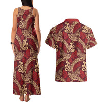 Luxury Red Monstera Couples Matching Tank Maxi Dress and Hawaiian Shirt Polynesian Tribal Pattern - Polynesian Pride