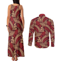 Luxury Red Monstera Couples Matching Tank Maxi Dress and Long Sleeve Button Shirt Polynesian Tribal Pattern - Polynesian Pride