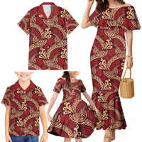 Luxury Red Monstera Family Matching Mermaid Dress and Hawaiian Shirt Polynesian Tribal Pattern - Polynesian Pride