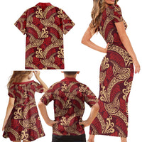 Luxury Red Monstera Family Matching Short Sleeve Bodycon Dress and Hawaiian Shirt Polynesian Tribal Pattern - Polynesian Pride