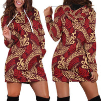 Luxury Red Monstera Hoodie Dress Polynesian Tribal Pattern - Polynesian Pride