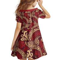 Luxury Red Monstera Kid Short Sleeve Dress Polynesian Tribal Pattern - Polynesian Pride