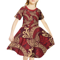 Luxury Red Monstera Kid Short Sleeve Dress Polynesian Tribal Pattern - Polynesian Pride