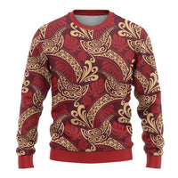 Luxury Red Monstera Ugly Christmas Sweater Polynesian Tribal Pattern - Polynesian Pride