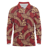 Luxury Red Monstera Long Sleeve Polo Shirt Polynesian Tribal Pattern - Polynesian Pride