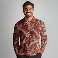 Luxury Red Monstera Long Sleeve Polo Shirt Polynesian Tribal Pattern - Polynesian Pride