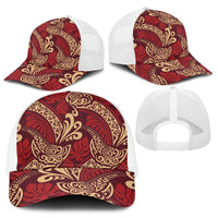 Luxury Red Monstera Mesh Trucker Cap Polynesian Tribal Pattern - Polynesian Pride