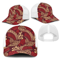 Luxury Red Monstera Mesh Trucker Cap Polynesian Tribal Pattern - Polynesian Pride