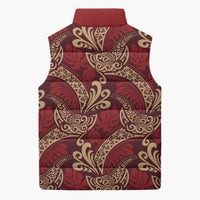 Luxury Red Monstera Sleeveless Puffer Jacket Polynesian Tribal Pattern - Polynesian Pride