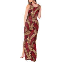 Luxury Red Monstera Tank Maxi Dress Polynesian Tribal Pattern - Polynesian Pride