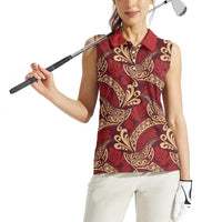 Luxury Red Monstera Women Sleeveless Polo Shirt Polynesian Tribal Pattern - Polynesian Pride