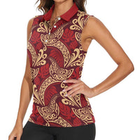 Luxury Red Monstera Women Sleeveless Polo Shirt Polynesian Tribal Pattern - Polynesian Pride