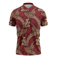 Luxury Red Monstera Zipper Polo Shirt Polynesian Tribal Pattern - Polynesian Pride