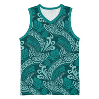 Teal Monstera Basketball Jersey Polynesian Tribal Pattern - Polynesian Pride