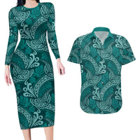 Teal Monstera Couples Matching Long Sleeve Bodycon Dress and Hawaiian Shirt Polynesian Tribal Pattern - Polynesian Pride