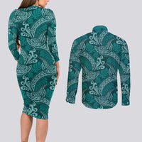 Teal Monstera Couples Matching Long Sleeve Bodycon Dress and Long Sleeve Button Shirt Polynesian Tribal Pattern - Polynesian Pride