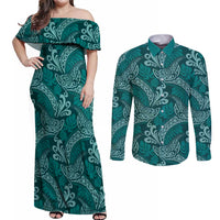 Teal Monstera Couples Matching Off Shoulder Maxi Dress and Long Sleeve Button Shirt Polynesian Tribal Pattern - Polynesian Pride