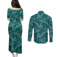 Teal Monstera Couples Matching Puletasi and Long Sleeve Button Shirt Polynesian Tribal Pattern - Polynesian Pride