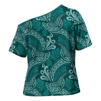 Teal Monstera Cross Shoulder Shirt Polynesian Tribal Pattern - Polynesian Pride