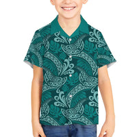 Teal Monstera Family Matching Long Sleeve Bodycon Dress and Hawaiian Shirt Polynesian Tribal Pattern - Polynesian Pride