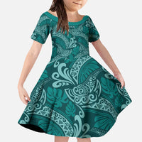 Teal Monstera Family Matching Off The Shoulder Long Sleeve Dress and Hawaiian Shirt Polynesian Tribal Pattern - Polynesian Pride