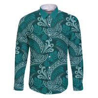 Teal Monstera Family Matching Off The Shoulder Long Sleeve Dress and Hawaiian Shirt Polynesian Tribal Pattern - Polynesian Pride