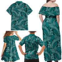 Teal Monstera Family Matching Off Shoulder Maxi Dress and Hawaiian Shirt Polynesian Tribal Pattern - Polynesian Pride