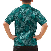 Teal Monstera Family Matching Off Shoulder Short Dress and Hawaiian Shirt Polynesian Tribal Pattern - Polynesian Pride