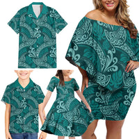 Teal Monstera Family Matching Off Shoulder Short Dress and Hawaiian Shirt Polynesian Tribal Pattern - Polynesian Pride