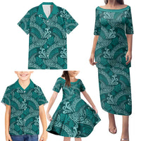 Teal Monstera Family Matching Puletasi and Hawaiian Shirt Polynesian Tribal Pattern - Polynesian Pride