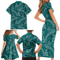 Teal Monstera Family Matching Short Sleeve Bodycon Dress and Hawaiian Shirt Polynesian Tribal Pattern - Polynesian Pride