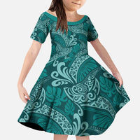 Teal Monstera Kid Short Sleeve Dress Polynesian Tribal Pattern - Polynesian Pride