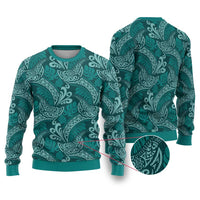 Teal Monstera Ugly Christmas Sweater Polynesian Tribal Pattern - Polynesian Pride