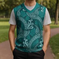 Teal Monstera Christmas Knitted V-Neck Vest Polynesian Tribal Pattern - Polynesian Pride