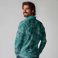 Teal Monstera Long Sleeve Polo Shirt Polynesian Tribal Pattern - Polynesian Pride