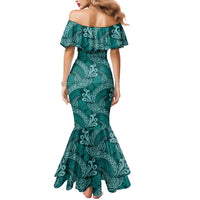 Teal Monstera Mermaid Dress Polynesian Tribal Pattern - Polynesian Pride