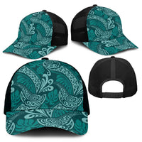 Teal Monstera Mesh Trucker Cap Polynesian Tribal Pattern - Polynesian Pride