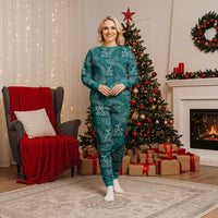Teal Monstera Christmas Pajama Set Polynesian Tribal Pattern - Polynesian Pride