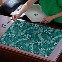 Teal Monstera Puzzle Polynesian Tribal Pattern - Polynesian Pride