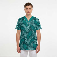 Teal Monstera Scrub Top Polynesian Tribal Pattern - Polynesian Pride
