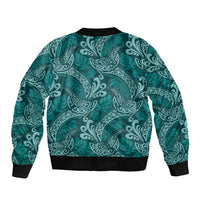 Teal Monstera Sleeve Zip Bomber Jacket Polynesian Tribal Pattern - Polynesian Pride