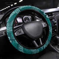 Teal Monstera Steering Wheel Cover Polynesian Tribal Pattern - Polynesian Pride