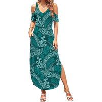 Teal Monstera Summer Maxi Dress Polynesian Tribal Pattern - Polynesian Pride