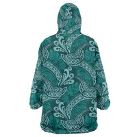 Teal Monstera Wearable Blanket Hoodie Polynesian Tribal Pattern - Polynesian Pride