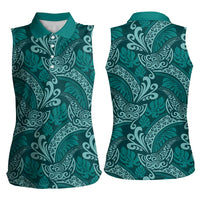 Teal Monstera Women Sleeveless Polo Shirt Polynesian Tribal Pattern - Polynesian Pride