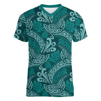 Teal Monstera Women V-Neck T-Shirt Polynesian Tribal Pattern - Polynesian Pride