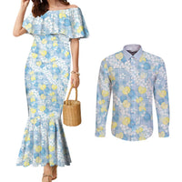 Anthurium Plumeria Lei Pastel Couples Matching Mermaid Dress and Long Sleeve Button Shirt Blue Hawaiian Splendid Palaka LT01 Blue - Polynesian Pride