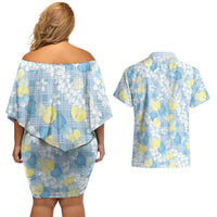 Anthurium Plumeria Lei Pastel Couples Matching Off Shoulder Short Dress and Hawaiian Shirt Blue Hawaiian Splendid Palaka LT01 - Polynesian Pride