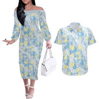 Anthurium Plumeria Lei Pastel Couples Matching Off The Shoulder Long Sleeve Dress and Hawaiian Shirt Blue Hawaiian Splendid Palaka