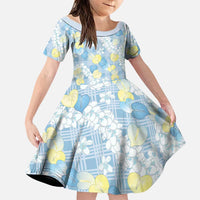 Anthurium Plumeria Lei Pastel Family Matching Tank Maxi Dress and Hawaiian Shirt Blue Hawaiian Splendid Palaka LT01 Daughter's Dress Blue - Polynesian Pride